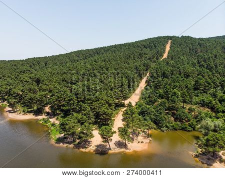 Aerial Drone View Of Aydos Forest Lake In Istanbul. Natural Life.