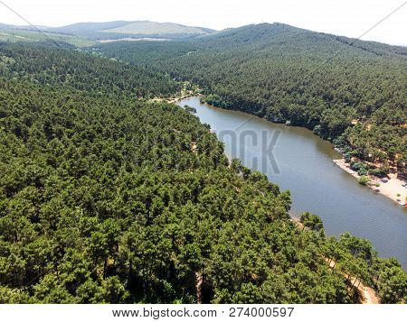 Aerial Drone View Of Aydos Forest Lake In Istanbul