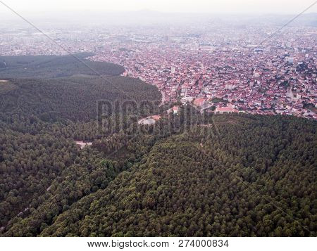 Aerial Drone View Of Istanbul Sultanbeyli Region / Forest And City.