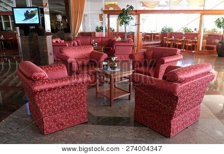 PORTOROZ, SLOVENIA - JUNE 26: A luxury resort hotel lobby and sitting room lounge in Grand hotel Bernardin Portoroz, Slovenia, on June 26, 2015.