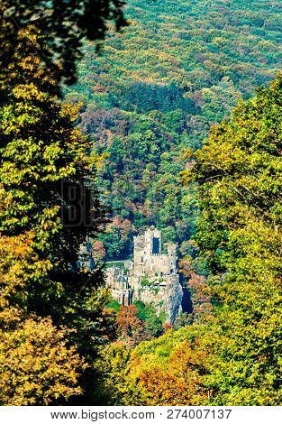View Of Rheinstein Castle In The Upper Middle Rhine Valley. Unesco World Heritage In Germany