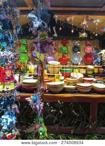 Candy, Toys And Candles At The Christmas Market