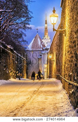 Night View Gate Tower In Tallinn In Winter