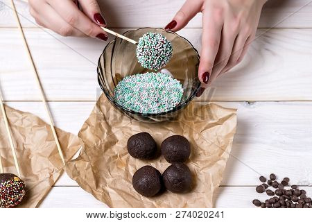 Cooking Pop Cake. Decoration Of Popcakes. Making Chocolate Cake.