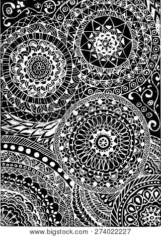 Black And White Coloring. Floral Tattoo Artwork. Indian Style. Doudle Art Floral Composition.
