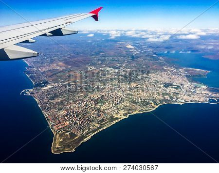 Aerial Shooting From An Airplane Flying Over The Sea Of Marmara. Turkey. Istanbul.