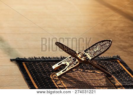 Rehal For Quran On Muslim Prayer Mat Indoors