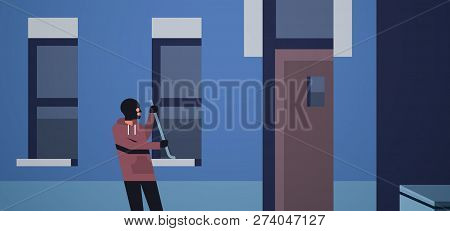 Burglar In Black Mask Using Crowbar Breaking Entering Into Home Criminal Thief Character Trying To F