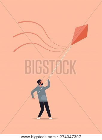 Young Man Launching Kite Casual Guy Playing Wind Toy Holiday Concept Male Cartoon Character Full Len