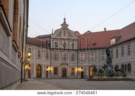 Munich, Germany - October 19, 2018: Octagonal Yard Called Fountain Courtyard -brunnenhof- Is One Of 