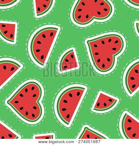 Vector Seamless Pattern With Watermelon On Green Background. Perfect For Fabric Or Wrapping Paper.
