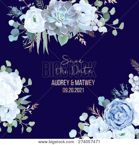 Dusty Blue Rose, Echeveria Succulent, Hydrangea, Ranunculus, Anemone, Eucalyptus, Juniper, Brunia Ve