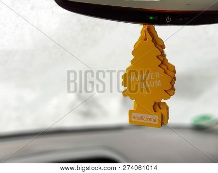 Miercurea Ciuc, Romania- 15 December 2018: Hanging Wunder Baum Air Freshener On The Mirror, Frozen W