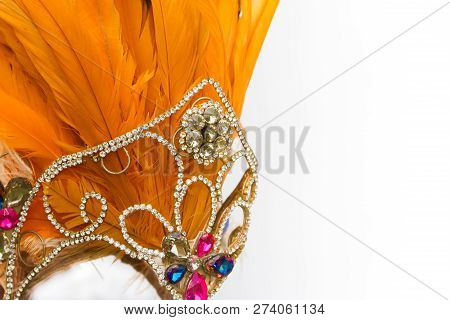 Helmet Decorated With Bright Stones And Faisan Feathers For Carnival