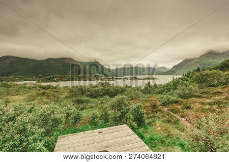 Fjord Mountains Landscape From Austnesfjorden Rest Area On Sildpollen Bay. Lofoten Islands Austvagoy