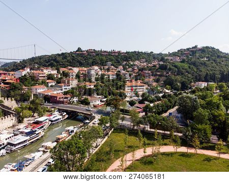 Aerial Drone View Of Goksu River In Beykoz / Istanbul. Cityscape.