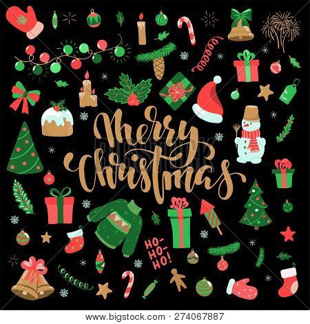 Happy New Year And Merry Christmas Doodle Set. Collection Of Xmas Elements For Design Holiday Greeti