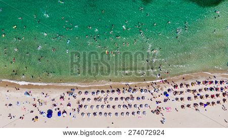 Aerial Drone View Of Beach Cove With People Swimming At Erdek Turankoy / Balikesir / Turkey