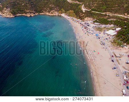 Aerial Drone View Of Beach Cove With People Swimming At Erdek Turankoy / Balikesir