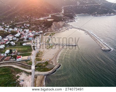 Aerial Drone View Of Marina Pier With Boats In Erdek Turankoy / Balikesir Dock