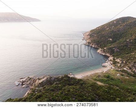Aerial Drone View Of Beach Cove With People Swimming At Erdek Turankoy / Balikesir. Nature In The Ci