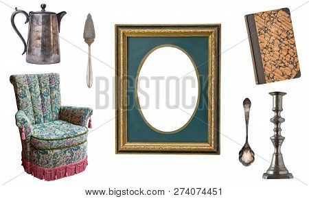 Set Of 7 Gorgeous Old Vintage Items. Old Dishes, Appliances, Kettles, Chairs, Books, Candlesticks, P