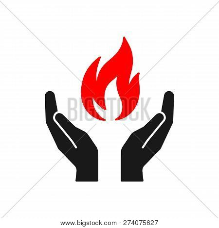Isolated Icon Of Flame In Hands On White Background. Silhouette Of Red Fire And Black Hands. Symbol 