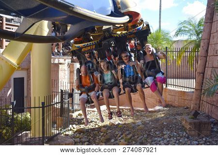 Tampa, Florida; September 29,2018. Funny People Starting Terrifying Trip In Montu Rollercoaster At B