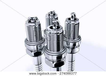 Spare Parts Spark Plugs On White Background For Car And Motorcycle. New Auto Parts Spark Plug. 3d Re