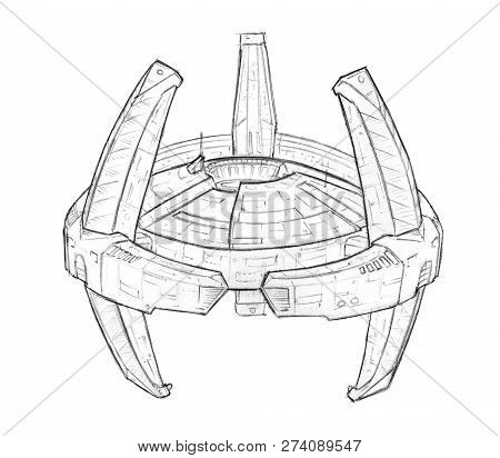 Black And White Pencil Concept Art Drawing Of Futuristic Or Sci-fi Spacestation Or Space Station.