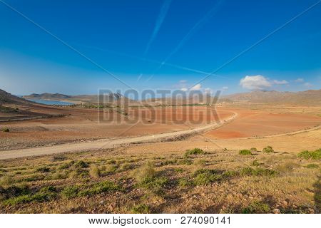 Scenic Of Fields In Gata Cape Natural Park In Almeria And Horizon With Blue Sky