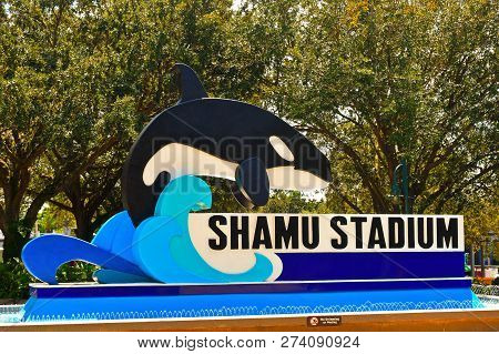 Orlando, Florida. September 09, 2018 Shamu Stadium Sign At Seaworld Theme Park.