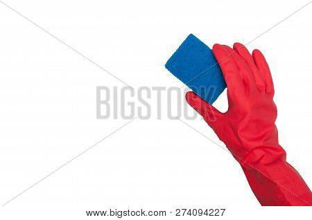 Woman In Red Gloves Holding Sponge On White Background. Cleaning Service. The Concept Of Cleanliness