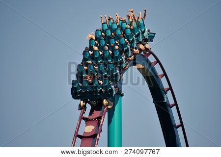 Orlando, Florida. October 29, 2018 People Enjoying Vertiginous Ascent At Mako Rollercoasterat Seawor