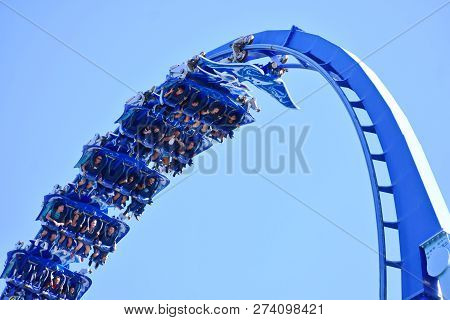 Orlando, Florida. October 19, 2018. Fanny People Face Down In Manta Ray Rollercoaster At Seaworld Ma