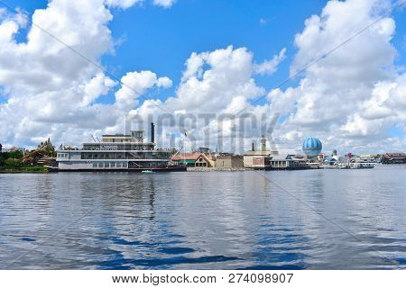 Orlando, Florida. October 19, 2018 Panoramic View Of Lake Buena Vista On Beatiful Lightblue Cloudy B