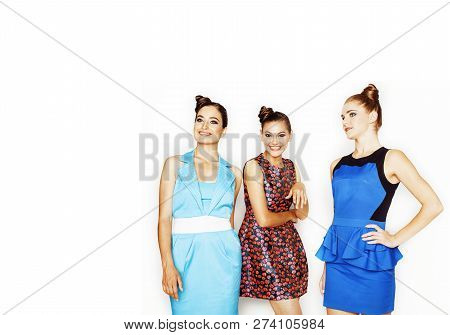 Many Girlfriends Hugging Celebration On White Background, Smilin