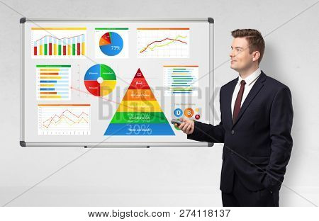 Handsome businessman presenting health reports on white board with laser pointer 