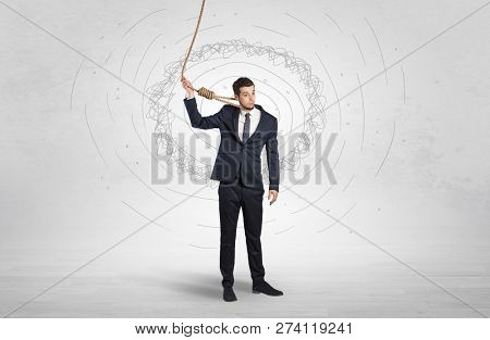 Burnout young elegant businessman trying to suicide with doodle concept