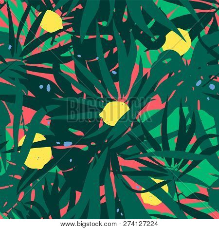 Tropical Leaves. Bright Decorative Seamless Texture. Background With Palm Tree Leaf, Monstera Leaves