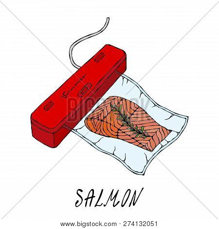 Vacuumizer Food Sealer. What Is Sous-vide. Slow Cooking Technology. Vacuum Packed Salmon Steak.. Chi