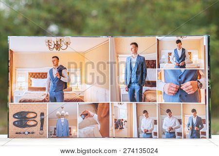 Pages Of Wedding Photobook Or Wedding Album On Green Background
