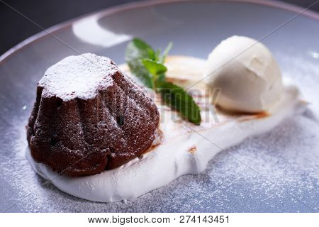 Delicious Chocolate Fondant, Lava Cake, Restaurant Serving. Traditional French Dessert, Sweet Tasty 