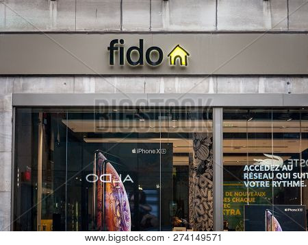 Montreal, Canada - November 5, 2018: Fido Logo In Front Of Their Local Boutique In Montreal. Telus I