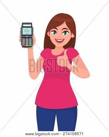 Young Woman Showing/holding Pos Payment Terminal Or Credit/debit Cards Swiping Machine, Gesturing Th