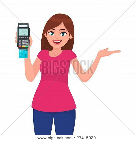 Young Woman/girl Showing Pos Terminal Or Credit/debit Cards Swiping Machine And Gesture Hand To Copy