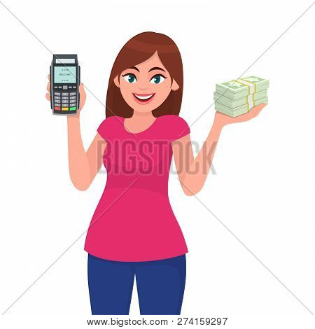 Young Woman Showing Pos Terminal Or Credit/debit Cards Swiping Machine And Holding Bundle Of Cash/mo
