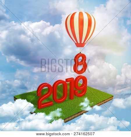 3d Rendering Of Red 2019 Digits Standing On A Patch Of Green Lawn Floating Among Clouds In Blue Sky 