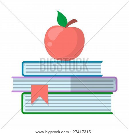 Apple Isolated On Book Pile. Education, Science And Knowledge. School Element In Flat Style.