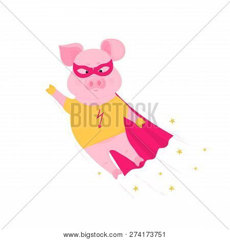Funny Pig In Superhero Costume Flying. Cute Piggy In A T-shirt And Raincoat.